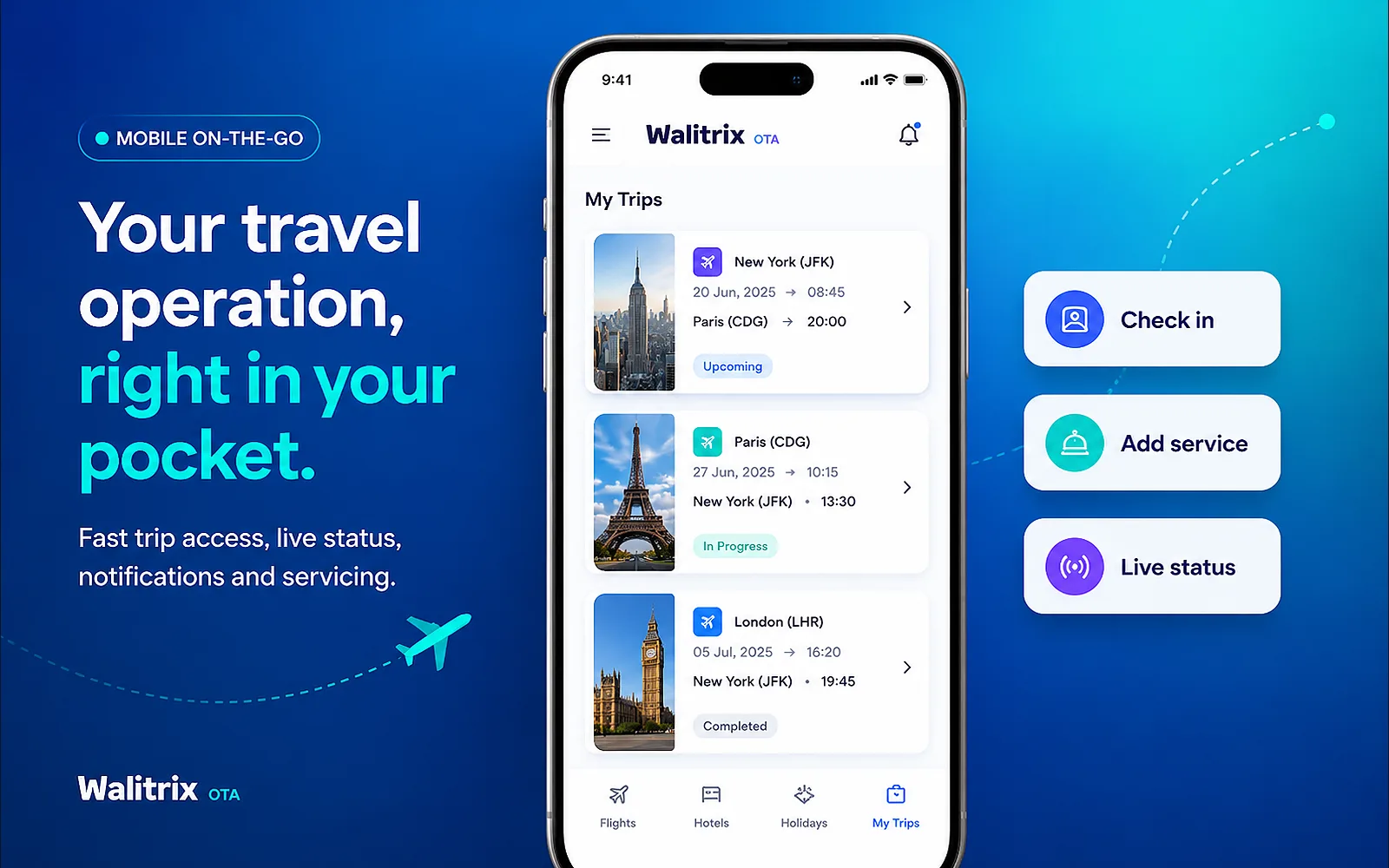 Walitrix mobile travel experience showing trip cards, route details, check-in, service add-ons and live status updates on a smartphone.