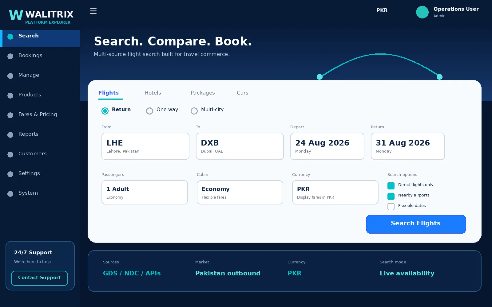 Walitrix flight search workspace showing route, dates, passengers, cabin, PKR currency and live source search controls.