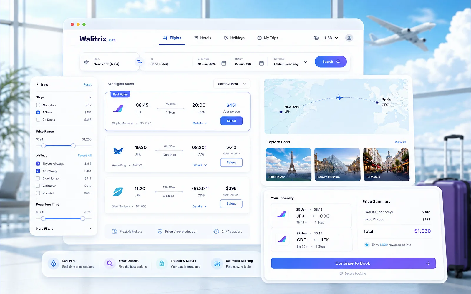 Walitrix OTA flight booking experience with fare filters, itinerary results, route map, destination discovery and booking summary in a bright consumer-facing interface.