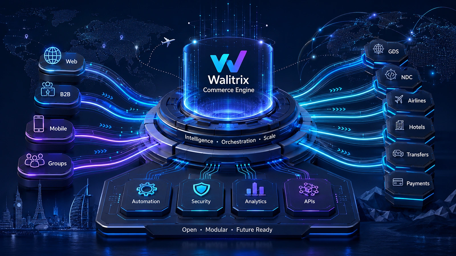 Walitrix commerce engine connecting web, B2B, mobile and group travel channels with GDS, NDC, airline, hotel, transfer and payment services through automation, security, analytics and APIs.